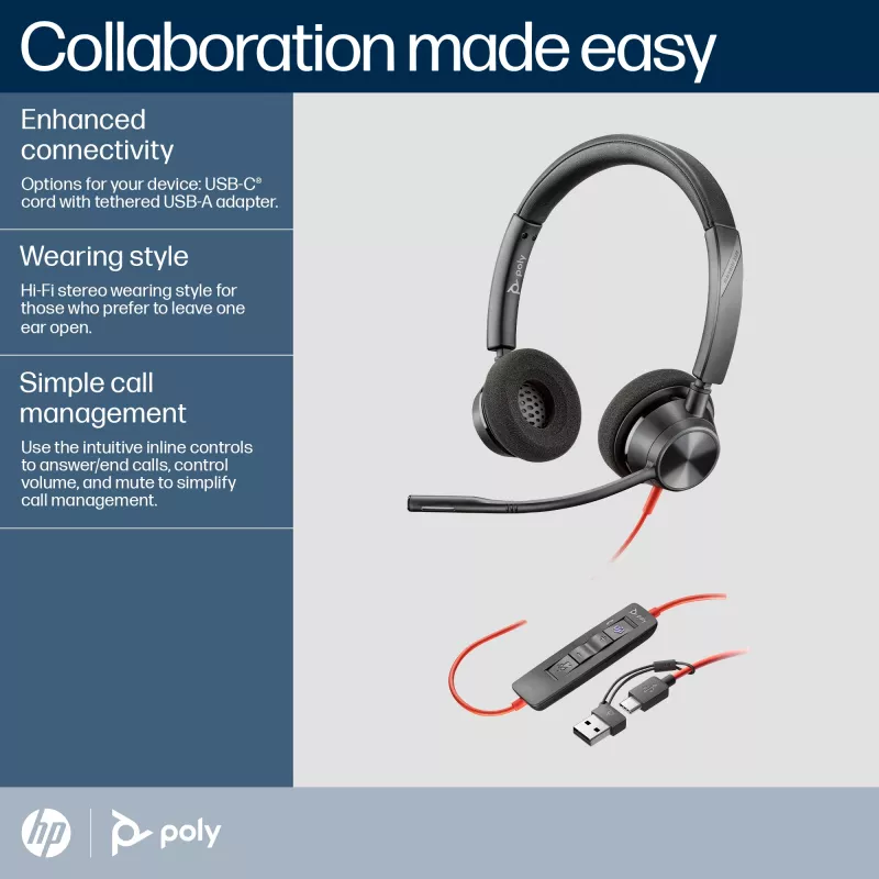 HP Poly Blackwire 3320 Stereo, sertifikuotas Microsoft Teams, USB-C ausinių komplektas su USB-C/A adapteriu