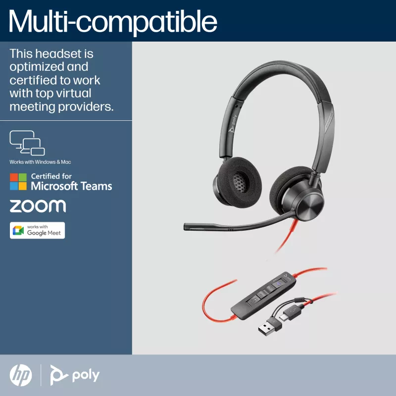 HP Poly Blackwire 3320 Stereo, sertifikuotas Microsoft Teams, USB-C ausinių komplektas su USB-C/A adapteriu