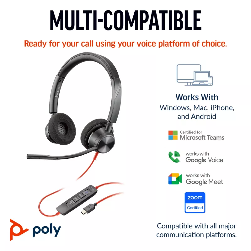 HP Poly Blackwire 3320 Stereo, sertifikuotas Microsoft Teams, USB-C ausinių komplektas su USB-C/A adapteriu