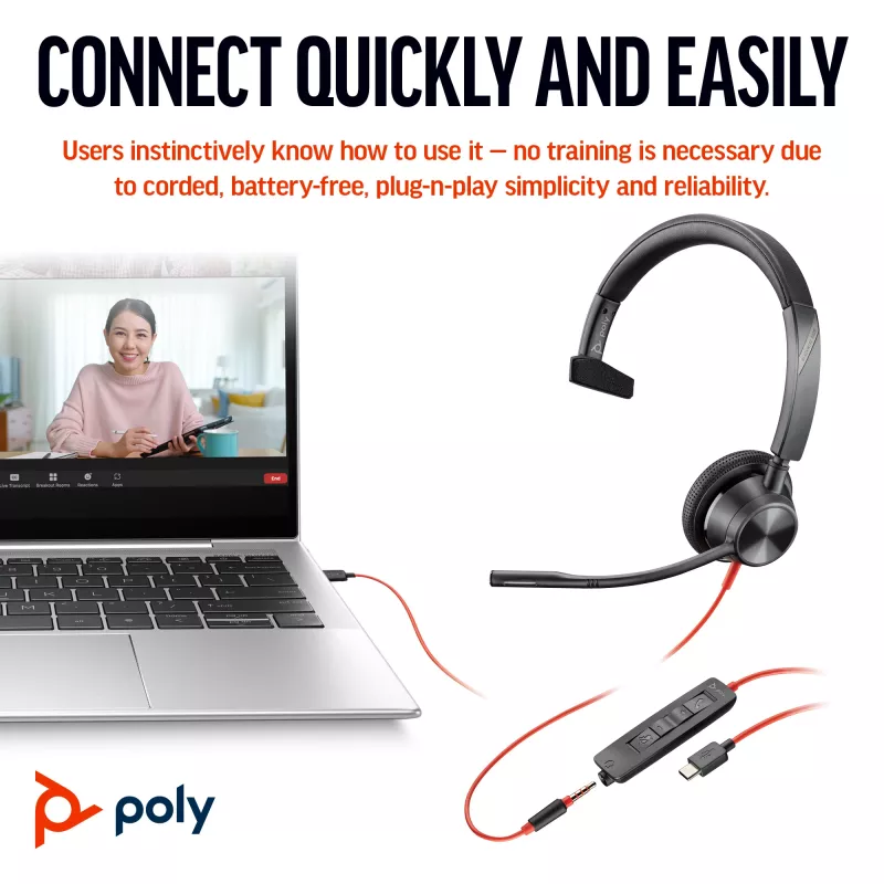 HP Poly Blackwire 3315 Monauralinis ausinių rinkinys su USB-C, 3,5 mm kištuku ir USB-C/A adapteriu