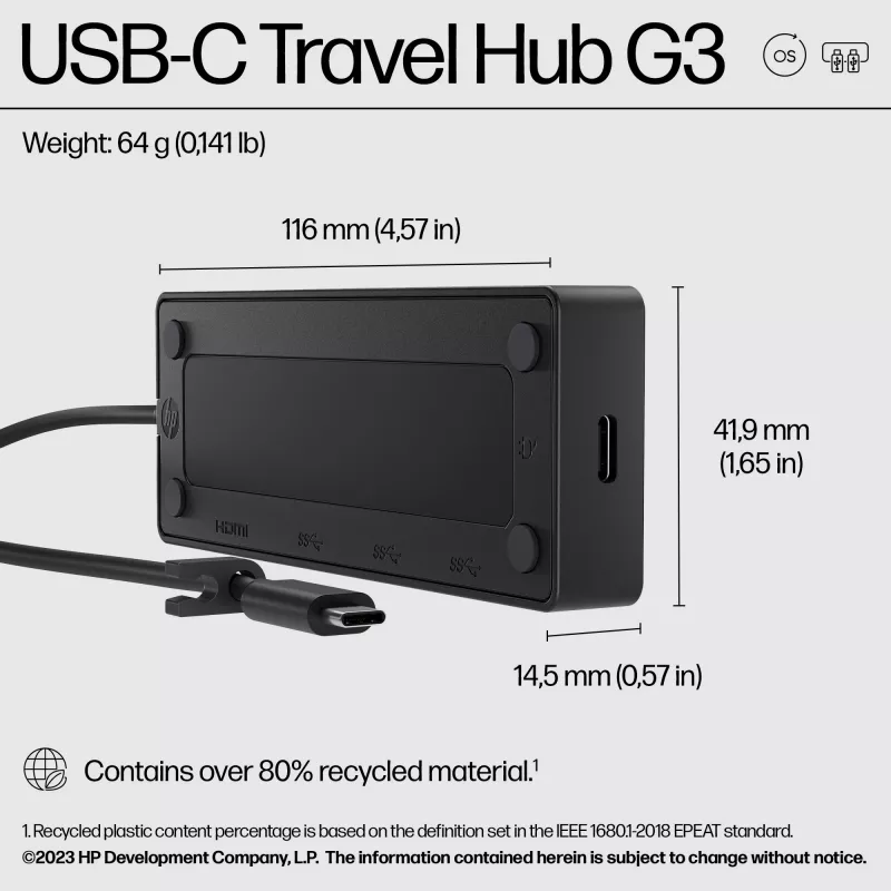HP USB-C Travel Hub G3, USB 3.2 Gen 2 (3.1 Gen 2) Type-C, 65 W, 60 Hz, HDMI, USB 3.2 Gen 2 (3.1 Gen 2) Type-A, USB 3.2 Gen 2 (3.1 Gen 2) Type-C, Vietnam, Namų naudojimui