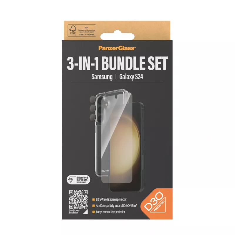 3 viename apsaugos rinkinys PanzerGlass Samsung Galaxy S24 Ultra Wide Fit nuo įbrėžimų ir smūgių