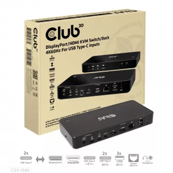CLUB3D CSV-1585 KVM jungiklis / dokas su DisplayPort ir HDMI, 4K60Hz, USB Type-C įėjimai
