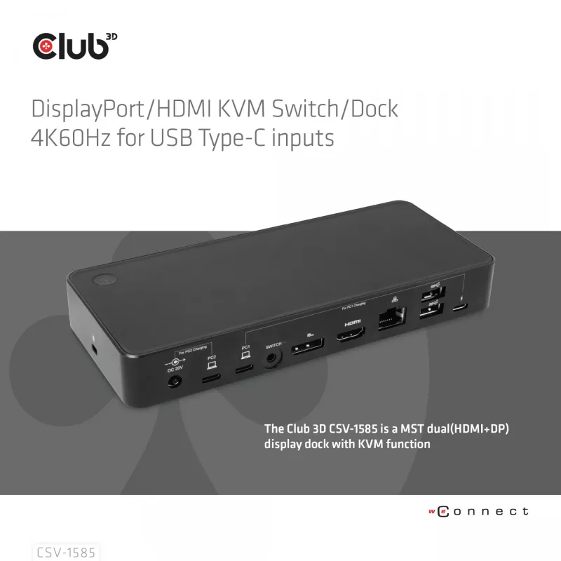 CLUB3D CSV-1585 KVM jungiklis / dokas su DisplayPort ir HDMI, 4K60Hz, USB Type-C įėjimai