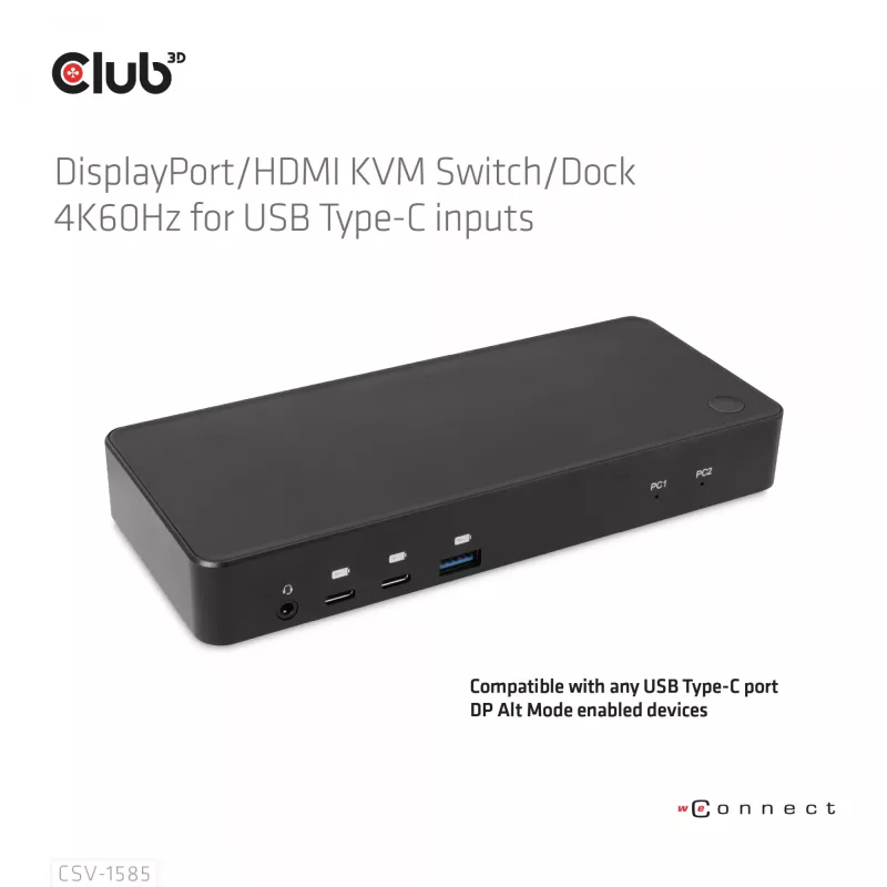 CLUB3D CSV-1585 KVM jungiklis / dokas su DisplayPort ir HDMI, 4K60Hz, USB Type-C įėjimai