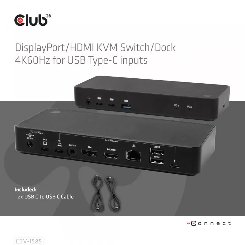 CLUB3D CSV-1585 KVM jungiklis / dokas su DisplayPort ir HDMI, 4K60Hz, USB Type-C įėjimai