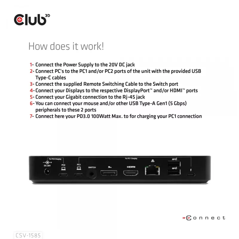 CLUB3D CSV-1585 KVM jungiklis / dokas su DisplayPort ir HDMI, 4K60Hz, USB Type-C įėjimai