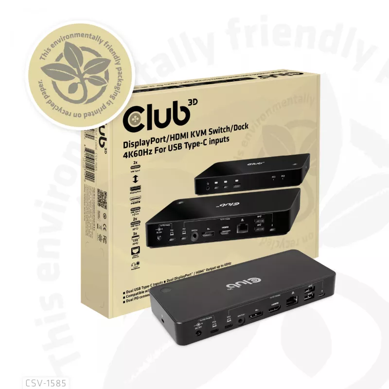 CLUB3D CSV-1585 KVM jungiklis / dokas su DisplayPort ir HDMI, 4K60Hz, USB Type-C įėjimai