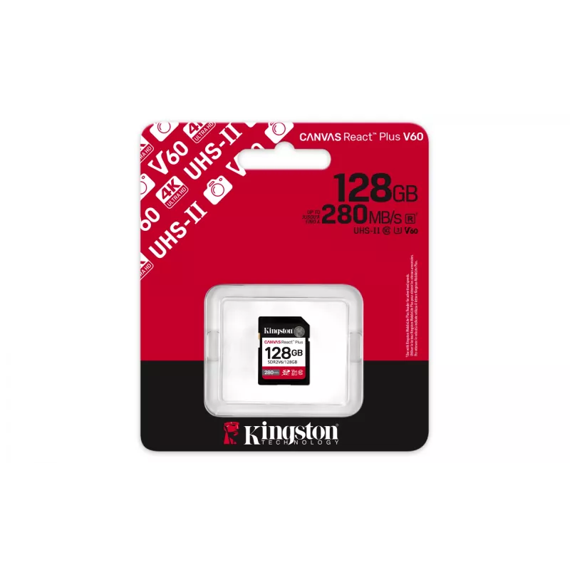 Kingston Technology 128GB Canvas React Plus SDXC UHS-II 280R/100W U3 V60 skirta Full HD/4K