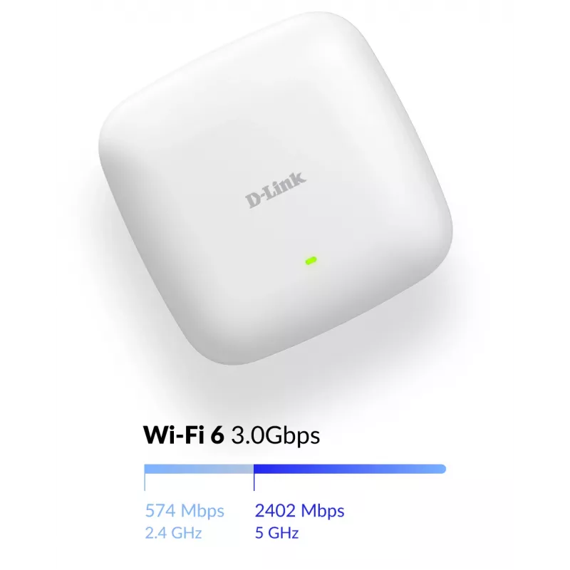D-Link AX3000 Wi-Fi 6 dviejų juostų PoE prieigos taškas, 2,4 GHz, 5 GHz, 3000 Mbit/s, SNMP, SNMPv2, SNMPv3, WEP, WPA, WPA2, WPA3, 10/100/1000/2500 Mbit/s