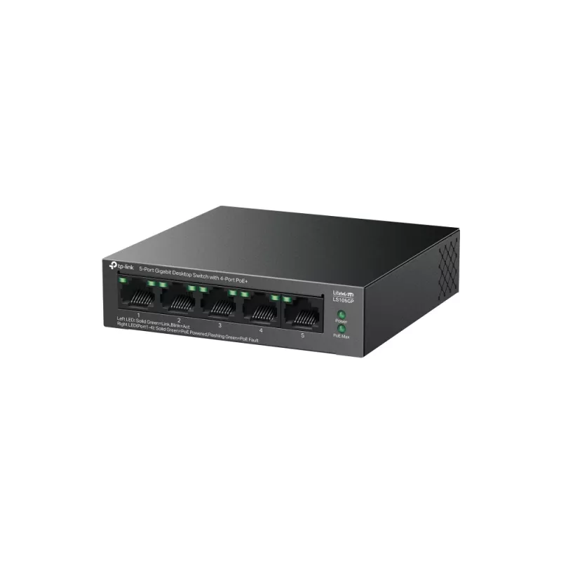 TP-LINK LiteWave 5 prievadų Gigabit darbalaukio jungiklis su 4 PoE+ prievadais (5x Gigabit, 4 PoE+, 65W PoE biudžetas)