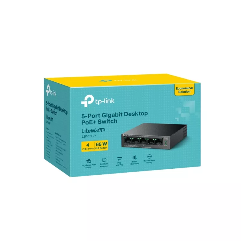 TP-LINK LiteWave 5 prievadų Gigabit darbalaukio jungiklis su 4 PoE+ prievadais (5x Gigabit, 4 PoE+, 65W PoE biudžetas)