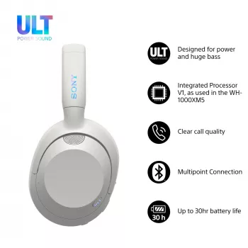 Ausinės Sony WH-ULT WEAR baltos, laidinės ir Bluetooth 5.2, ANC, 50h grojimo (ANC išjungtas), USB-C įkrovimas