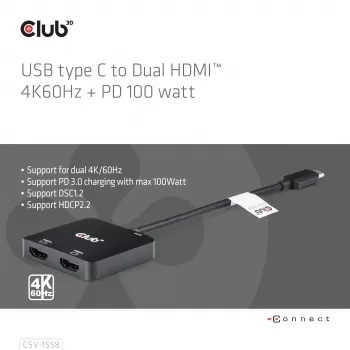 CLUB3D USB-C® Hub į Dual HDMI™ 4K60Hz M/F+PD3.0 100 W
