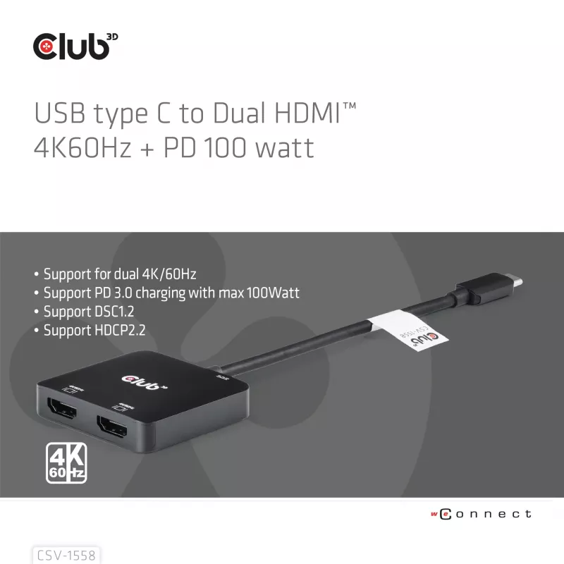 CLUB3D USB-C® Hub į Dual HDMI™ 4K60Hz M/F+PD3.0 100 W