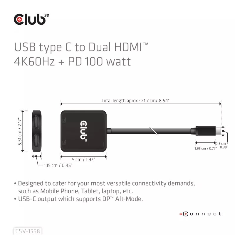 CLUB3D USB-C® Hub į Dual HDMI™ 4K60Hz M/F+PD3.0 100 W