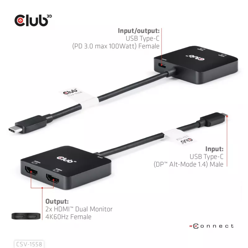 CLUB3D USB-C® Hub į Dual HDMI™ 4K60Hz M/F+PD3.0 100 W