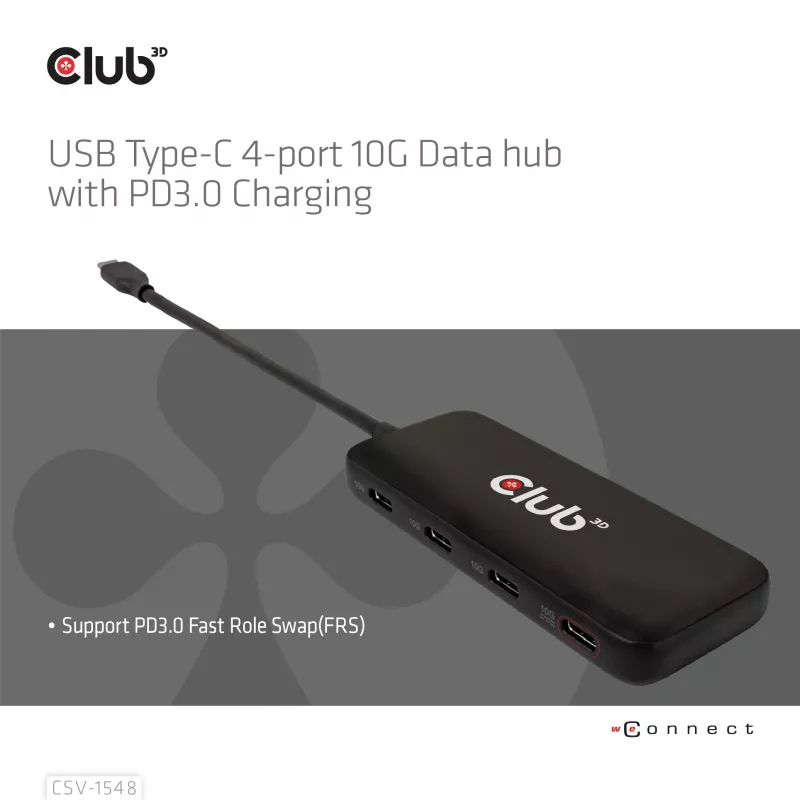 CLUB3D CSV-1548 USB-C 4 prievadų 10G duomenų centras su PD3.0 įkrovimu, juodas