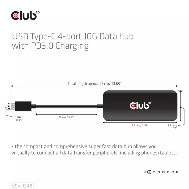 CLUB3D CSV-1548 USB-C 4 prievadų 10G duomenų centras su PD3.0 įkrovimu, juodas