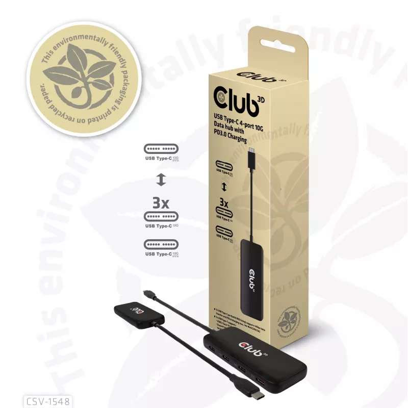 CLUB3D CSV-1548 USB-C 4 prievadų 10G duomenų centras su PD3.0 įkrovimu, juodas