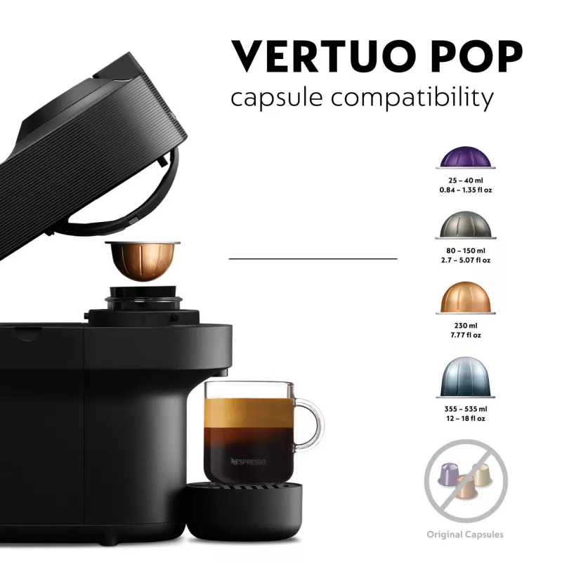 De’Longhi NESPRESSO® Vertuo Pop ENV90.B - Juodasis saldymedis, kapsulinis kavos aparatas, 0,56 l, kavos kapsulės, 1260 W, juoda