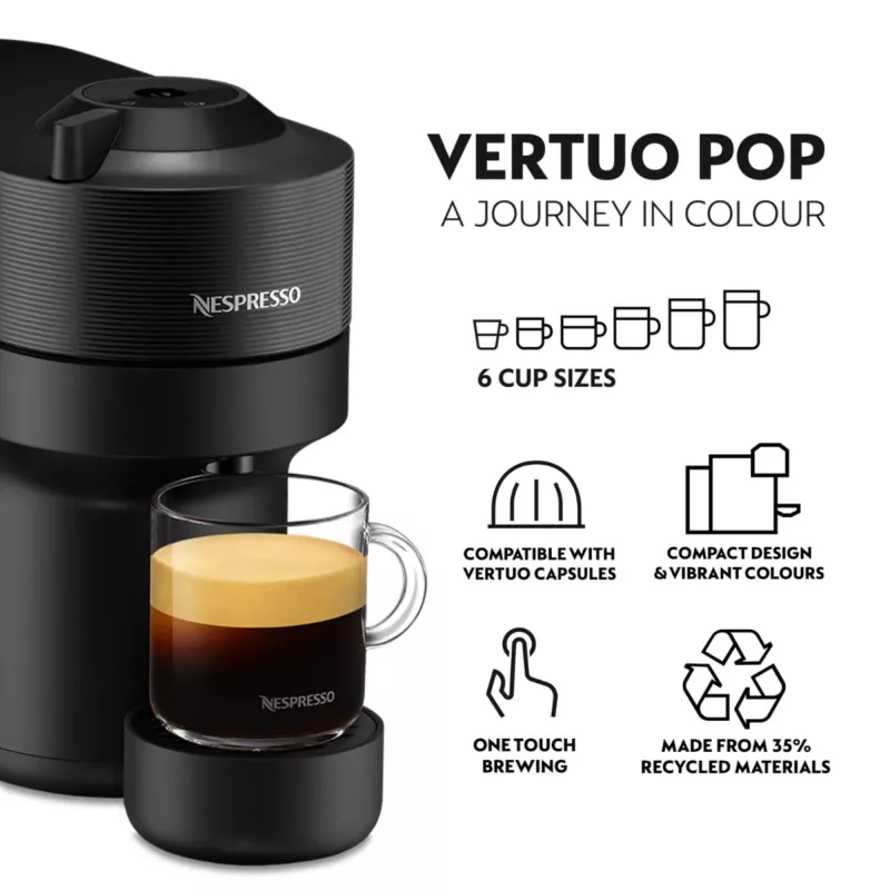 De’Longhi NESPRESSO® Vertuo Pop ENV90.B - Juodasis saldymedis, kapsulinis kavos aparatas, 0,56 l, kavos kapsulės, 1260 W, juoda