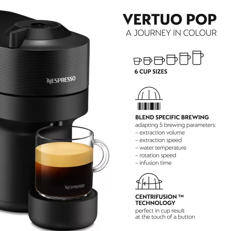 De’Longhi NESPRESSO® Vertuo Pop ENV90.B - Juodasis saldymedis, kapsulinis kavos aparatas, 0,56 l, kavos kapsulės, 1260 W, juoda