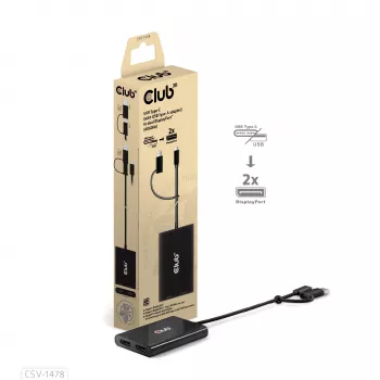 Video skirstytuvas Club 3D CSV-1478 USB Type-C (su USB-A adapteriu) į du DisplayPort 4K60Hz, juodas