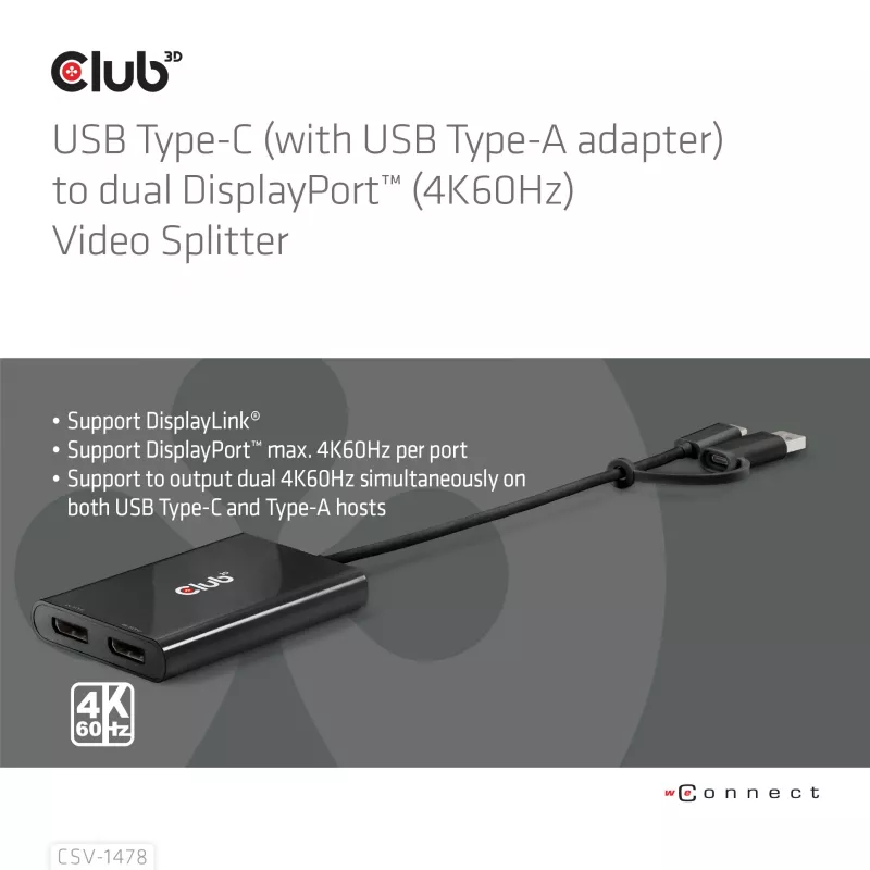 Video skirstytuvas Club 3D CSV-1478 USB Type-C (su USB-A adapteriu) į du DisplayPort 4K60Hz, juodas