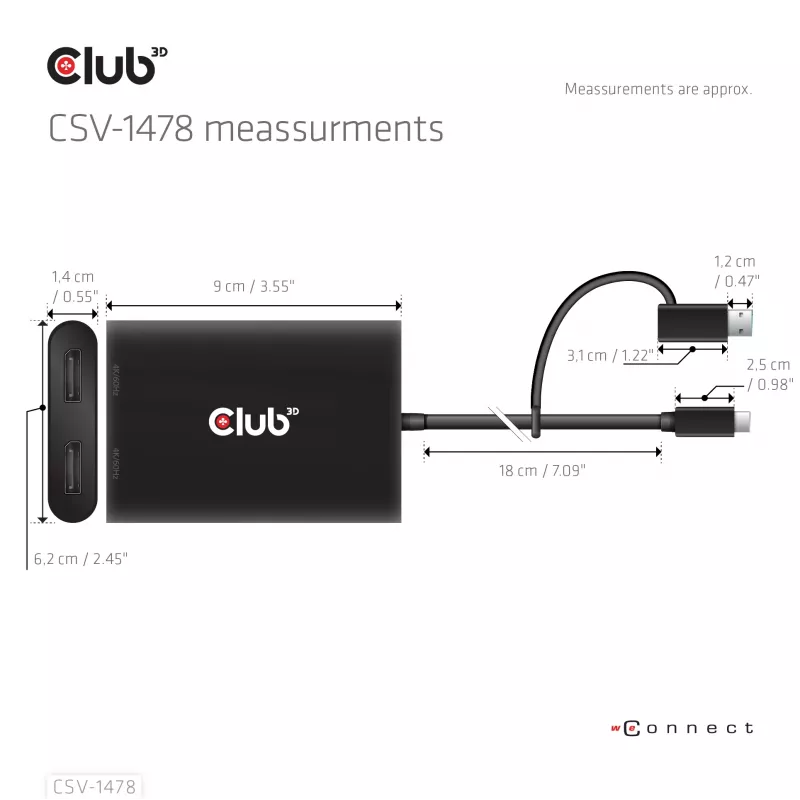 Video skirstytuvas Club 3D CSV-1478 USB Type-C (su USB-A adapteriu) į du DisplayPort 4K60Hz, juodas