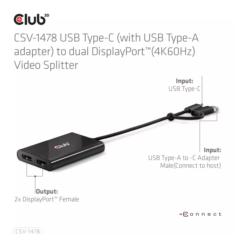 Video skirstytuvas Club 3D CSV-1478 USB Type-C (su USB-A adapteriu) į du DisplayPort 4K60Hz, juodas