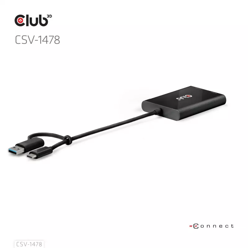 Video skirstytuvas Club 3D CSV-1478 USB Type-C (su USB-A adapteriu) į du DisplayPort 4K60Hz, juodas