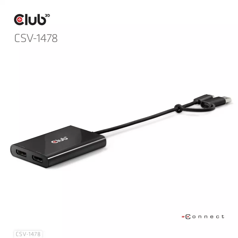 Video skirstytuvas Club 3D CSV-1478 USB Type-C (su USB-A adapteriu) į du DisplayPort 4K60Hz, juodas
