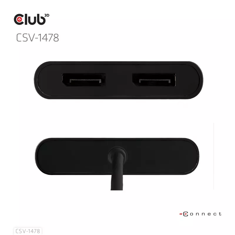 Video skirstytuvas Club 3D CSV-1478 USB Type-C (su USB-A adapteriu) į du DisplayPort 4K60Hz, juodas