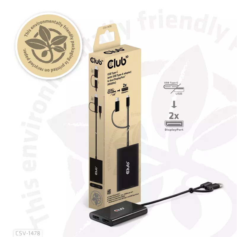 Video skirstytuvas Club 3D CSV-1478 USB Type-C (su USB-A adapteriu) į du DisplayPort 4K60Hz, juodas