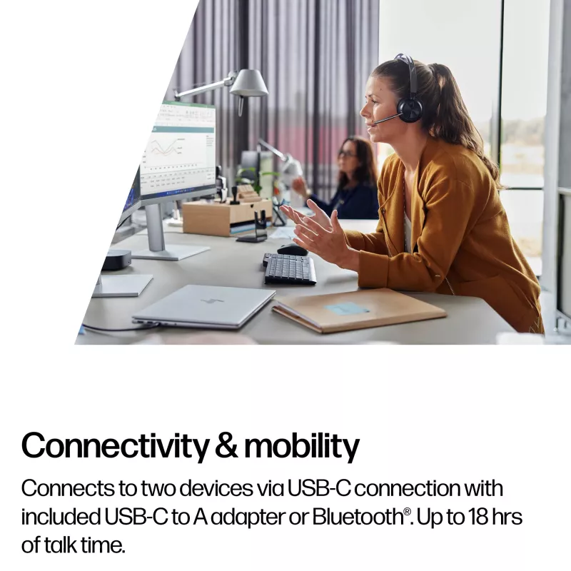 HP Poly Voyager Focus 2 belaidžiai ausinės su triukšmo slopinimu, sertifikuotos Microsoft Teams, USB-C ir USB-C/A adapteris, įkrovimo stovas