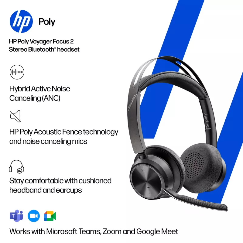 HP Poly Voyager Focus 2 USB-C-C ausinės su USB-C/A adapteriu