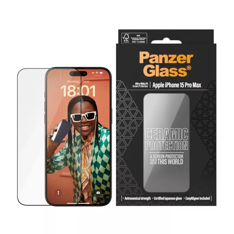 PanzerGlass ® Keraminė apsauga iPhone 15 Pro Max | Ultra-Wide Fit su EasyAligner