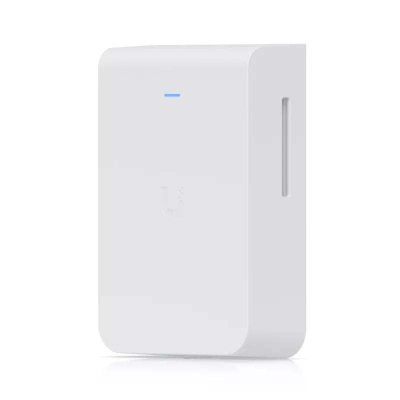 Prieigos taškas UBIQUITI U7 Pro Wall — sieninis Wi‑Fi 6 AP, 2.4/5/6 GHz, 6 erdvinių srautų, 2500 Mbps LAN, PoE (44–57 V), vidaus, baltas