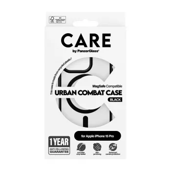 PanzerGlass CARE™ by ® Urban Combat dėklas iPhone 15 Pro, permatomas su juodais MagSafe akcentais