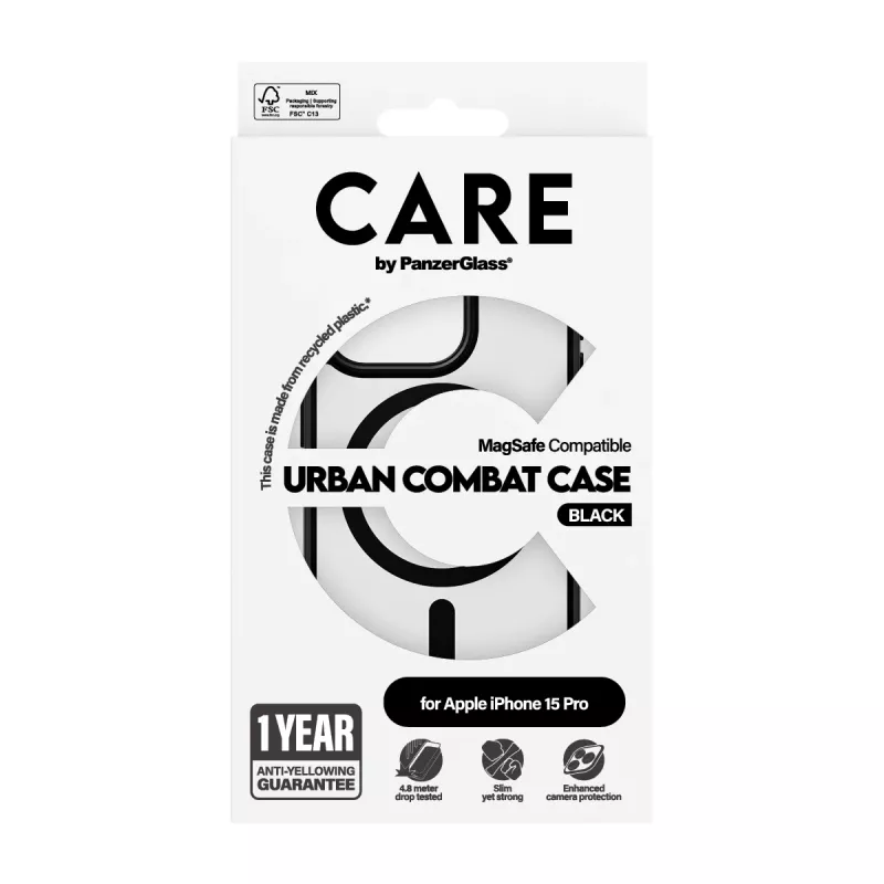 PanzerGlass CARE™ by ® Urban Combat dėklas iPhone 15 Pro, permatomas su juodais MagSafe akcentais