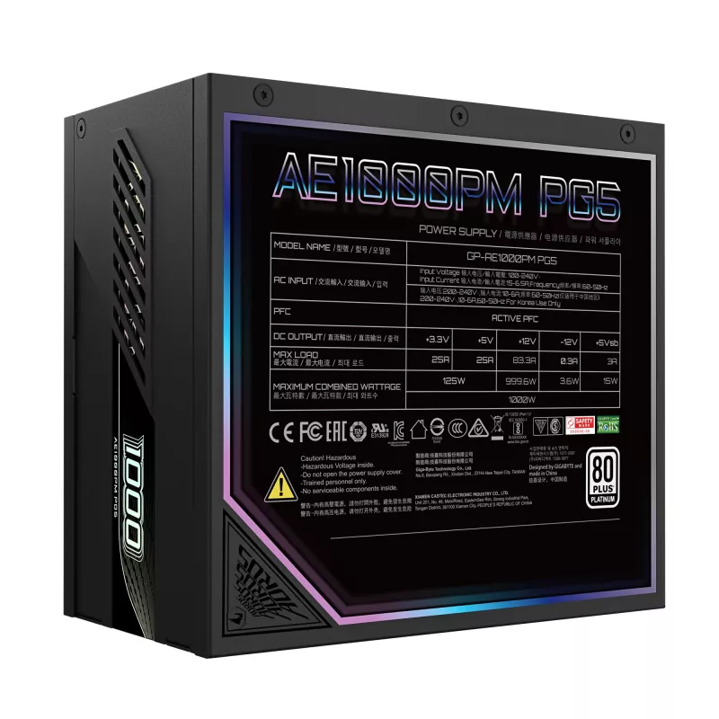 GIGABYTE AORUS ELITE P1000W ICE Maitinimo blokas - PCIe 5.0, 80 PLUS Platinum, visiškai modulinis, 120 mm ventiliatorius, ATX 3.0 suderinamas, EU kištukas