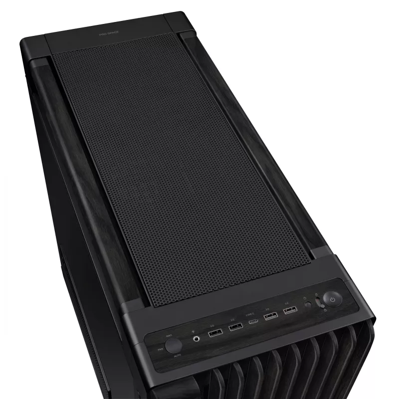 PC korpusas ASUS ProArt PA602 Wood Edition Midi Tower Juodas – Medis, ATX/EATX, Grūdintas stiklas, 4×3,5 colio / 8×2,5 colio, GPU iki 450 mm