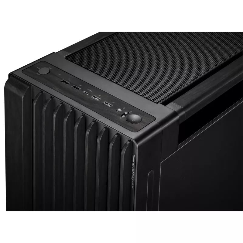 PC korpusas ASUS ProArt PA602 Wood Edition Midi Tower Juodas – Medis, ATX/EATX, Grūdintas stiklas, 4×3,5 colio / 8×2,5 colio, GPU iki 450 mm