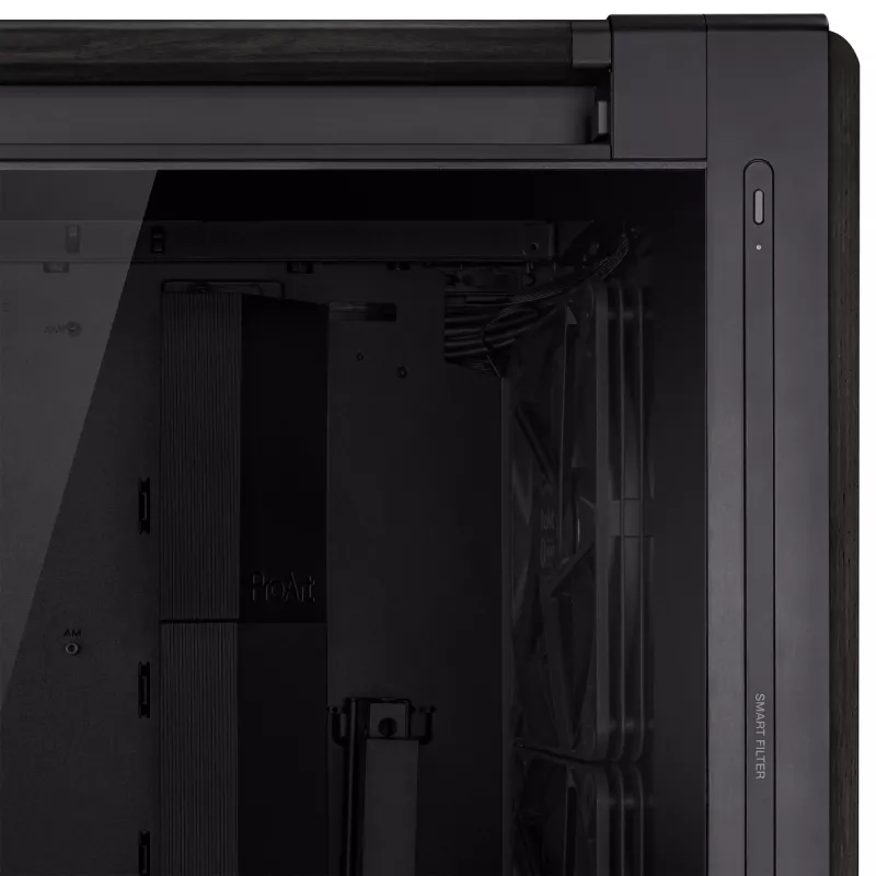 PC korpusas ASUS ProArt PA602 Wood Edition Midi Tower Juodas – Medis, ATX/EATX, Grūdintas stiklas, 4×3,5 colio / 8×2,5 colio, GPU iki 450 mm