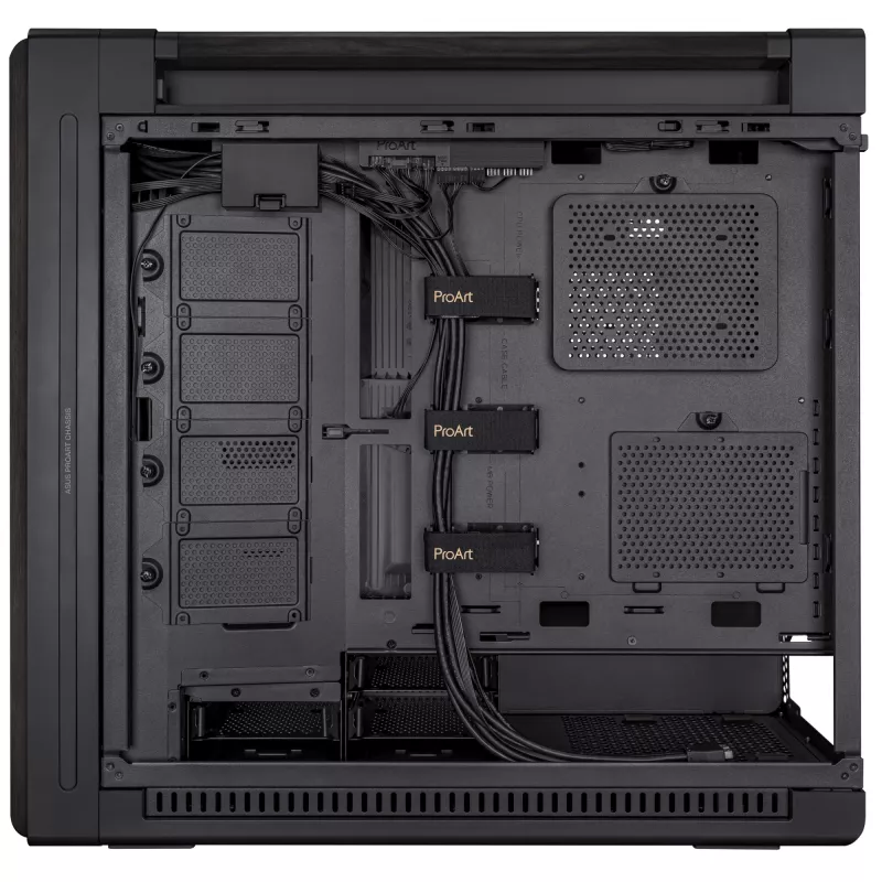 PC korpusas ASUS ProArt PA602 Wood Edition Midi Tower Juodas – Medis, ATX/EATX, Grūdintas stiklas, 4×3,5 colio / 8×2,5 colio, GPU iki 450 mm