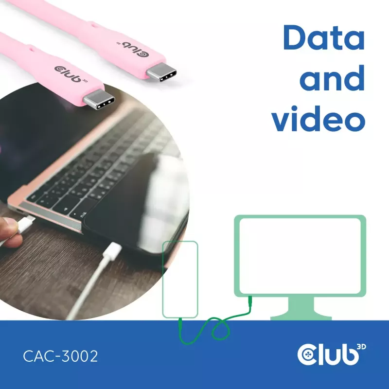 USB C laidas CLUB3D CAC-3002 2m USB4 Gen 3x2 Rožinis