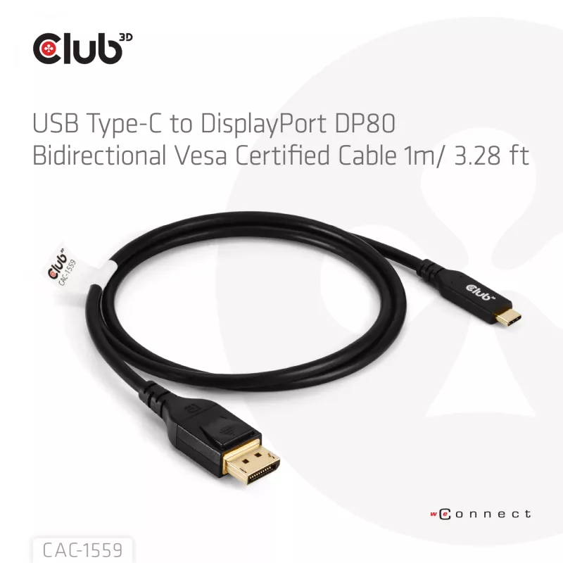 USB-C į DisplayPort 2.1 laidas, club 3d CAC-1559, dvipusis, VESA DP80 sertifikuotas, 1 m