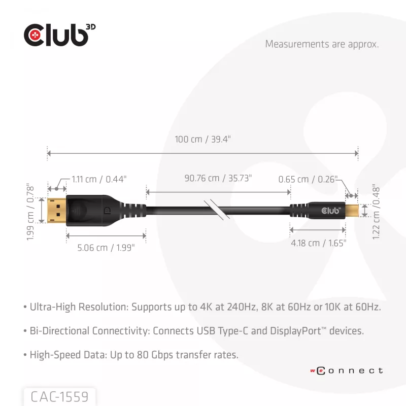 USB-C į DisplayPort 2.1 laidas, club 3d CAC-1559, dvipusis, VESA DP80 sertifikuotas, 1 m
