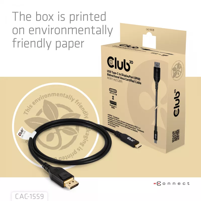USB-C į DisplayPort 2.1 laidas, club 3d CAC-1559, dvipusis, VESA DP80 sertifikuotas, 1 m
